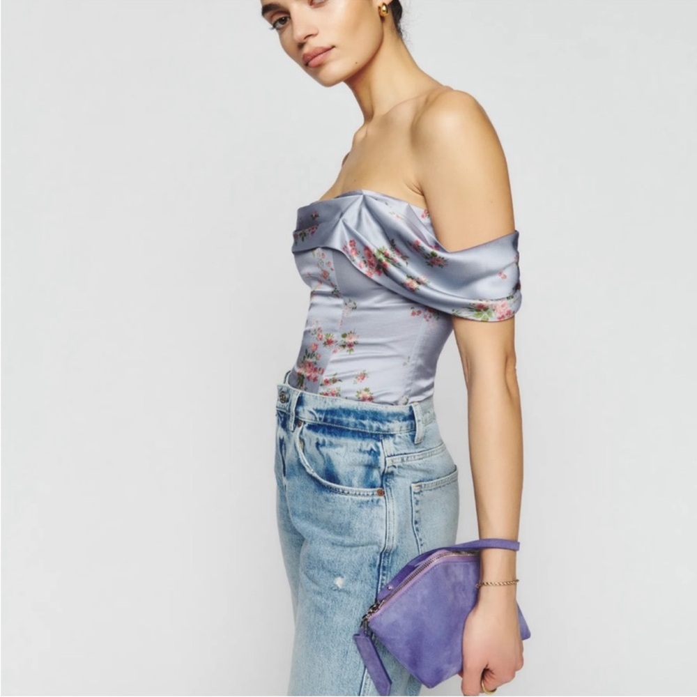 NWT Reformation Lux silk top Off the Shoulder silk corset top blue floral